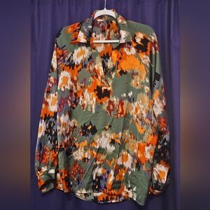 Graphic Green and Orange Long Sleeve Blouse with Notched Collar
